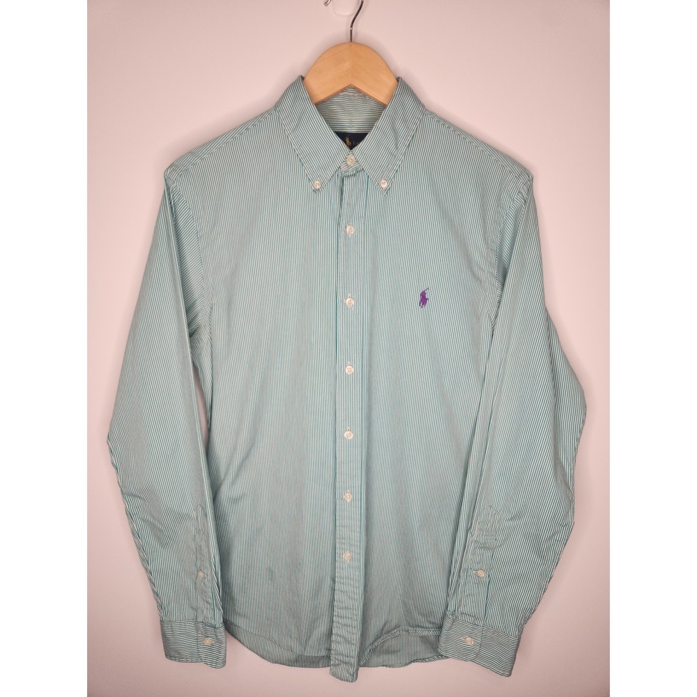 Ralph Lauren Mens Slim Fit Medium Shirt Striped Green Purple Logo Button Down